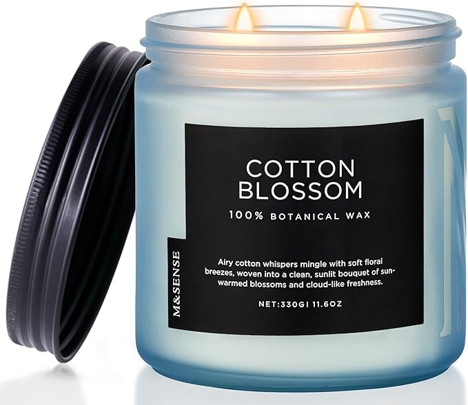 M&SENSE Clean Cotton Scented Candle - 11.6oz Natural Soy Wax Clean Cotton Blossom Scent Non Toxic Candle, 70-Hour Slow Burning 2-Wick Aromatherapy Home Fragrance Gifts for Home Decor