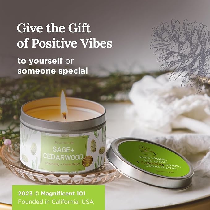 MAGNIFICENT 101 Sage & Cedarwood Scented Soy Candle - 6 Oz - 35-Hour Burn - Energy Cleansing & Stress Relief - Aromatherapy Candle & Spiritual Gifts for Women