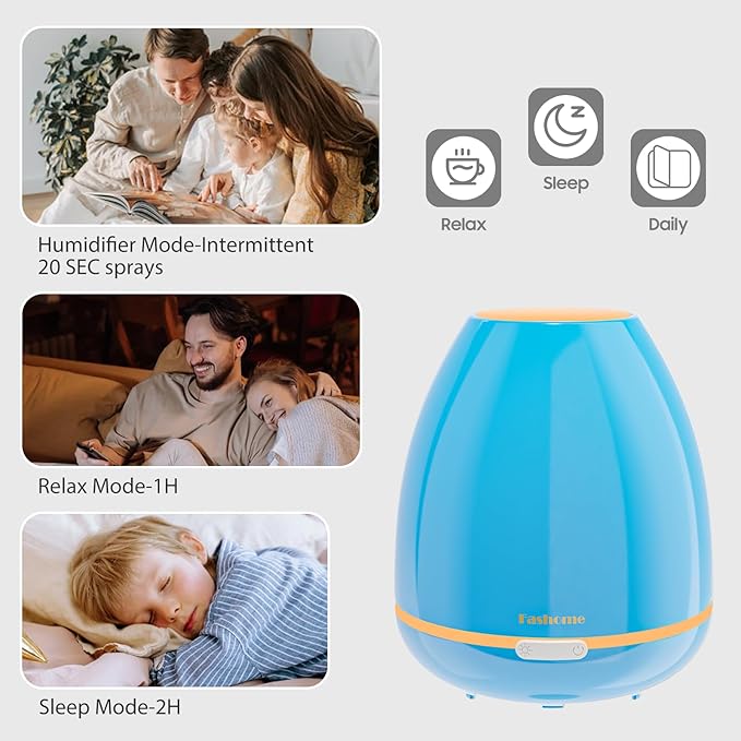 300ml Essential Oil Diffuser & Cool Mist Humidifier - Ultra-Quiet Ultrasonic Aromatherapy for Bedroom, 7 Color Night Light, BPA-Free, Auto Shut-Off, Up to 12H Continuous Mist(Blue)