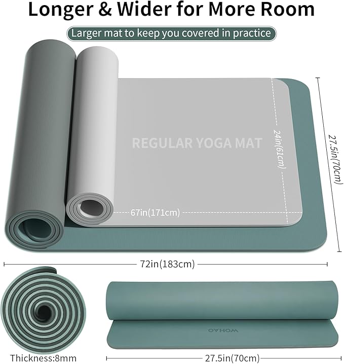 WOHAO Extra Thick 8mm Yoga Mat, 72"x28" Non Slip Exercise Mat, Reversible 2-Sided Dual Color Premium POE Material, with Carrying Strap for Yoga, Pilates, Home Gym