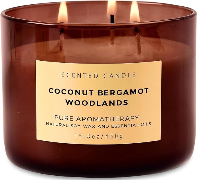 Coconut Bergamot Woodlands 3 Wick Soy Scented Candle 15.8 oz | Creamy Coconut & Balsam Woods Candle for Home | Aromatherapy Stress Relief Candle for Men & Women | Long Lasting 3 Wick Soy Candles