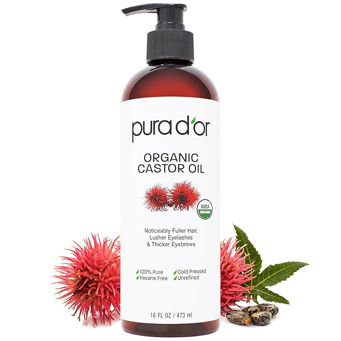 PURA D'OR 16 Oz Organic Castor Oil – Pure Cold-Pressed Hexane-Free USDA Certified – Lashes Brows Hair Scalp Skin – Botanical Moisturizer for Softness Strength Hydration Shine Radiance – Bulk Size