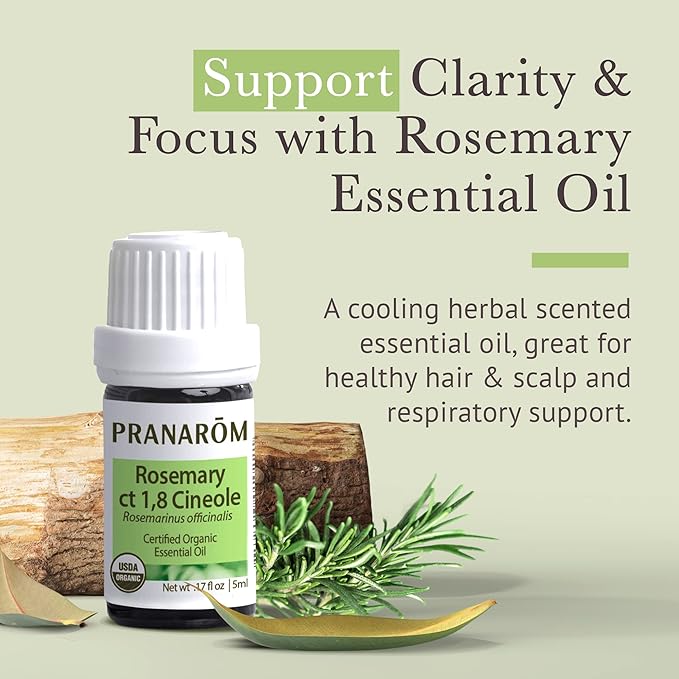 Pranarom USDA Certified Organic Rosemary Cineole Essential Oil (5ml), 100% Pure Undiluted Therapeutic Grade from Tunisia for Aromatherapy, Diffuser, Meditation, Massage, Relaxation