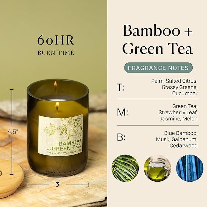 Paddywax Eco Collection Soy Wax Blend Candle in Glass Jar, Bamboo & Green Tea Scent, Green Vessel with Wood Lid, 8 oz