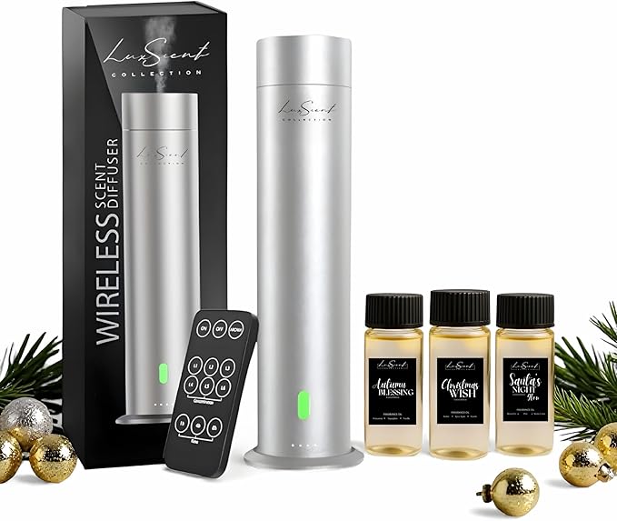 Wireless Aroma Diffuser with 150mL Christmas Scent Oil 3-Pack Included - for up to 1000sq. ft Coverage - Hotel Scent Diffuser - Remote Control - Home Luxury Essential Oil Diffuser - Aromatherapy