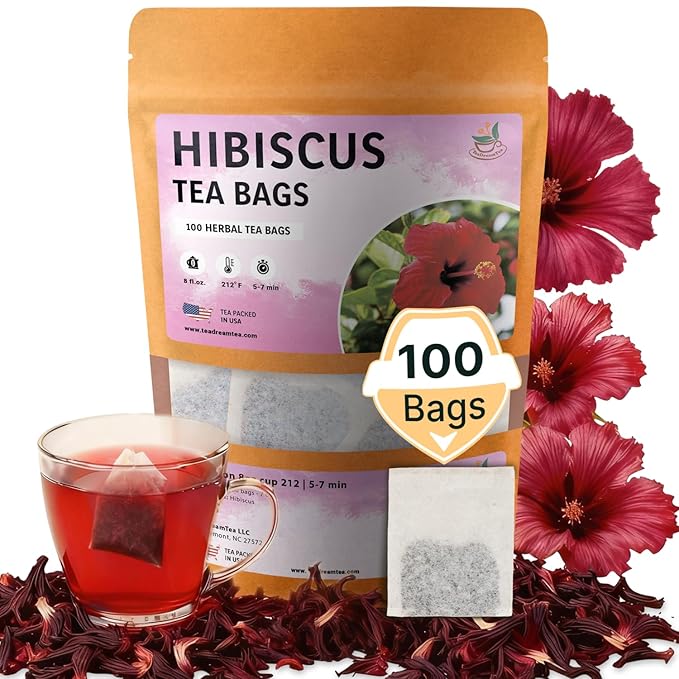 TeaDreamTea Hibiscus Tea Bags | 100 Bleach-Free Tea Bags | Caffeine Free | Dried Hibiscus Flowers | Hibiscus Flower Tea | Dried Flower Tea | Brew Hot or Iced |Herbal Hibiscus Tea