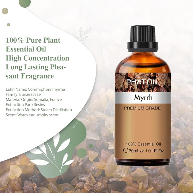 Myrrh Essential Oil, 1.01Fl.Oz (30ML) PHATOIL Pure Essential Oil Singles for Aromatherapy Diffusers, Humidifiers, Great for DIY Candle and Soap Making, Gift for Friend