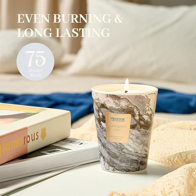 M&SENSE Eucalyptus Mint Scented Soy Candle, 3 Wick Highly Scented 14.1 Oz 80H, Aromatherapy Christmas Gift for Women and Men