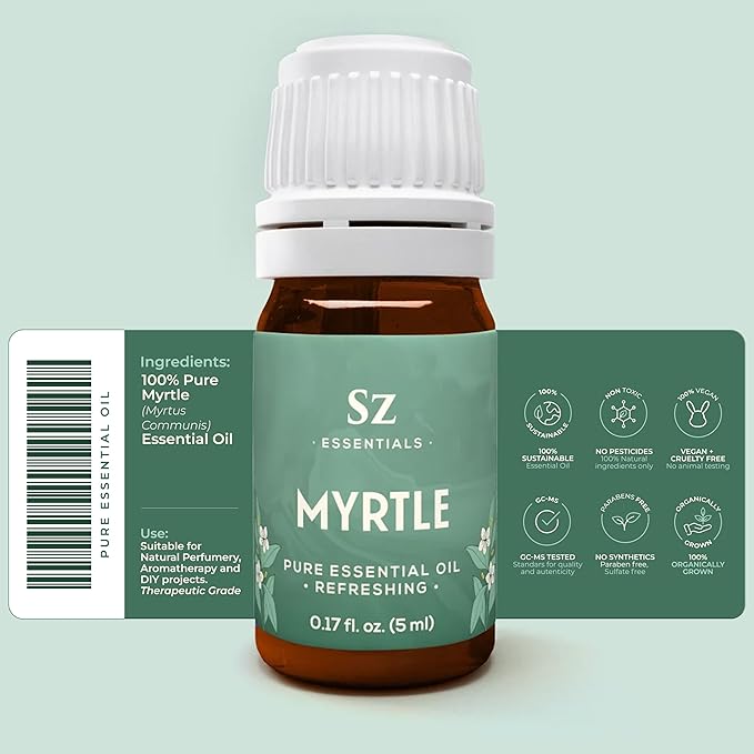 Myrtle Essential Oil, 100% Pure and Natural - Steam Distilled from Myrtus Communis - Fresh & Herbal Scent with Camphor-Like Overtones - Therapeutic Grade & Vegan - 0.17oz (5ml)