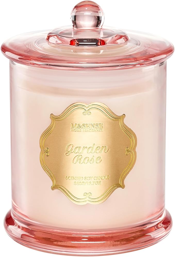 M&SENSE Rose Candles for Home Scented, Organic Soy Candles Non Toxic Soot-Free, 12.7oz Large Jar Candle 75 Hour Long Lasting Burning, Relaxing Aromatherapy Valentine's Day Gift for Women