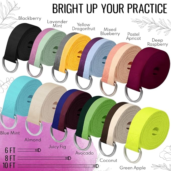 TECEUM Yoga Strap & Mat Strap – 2 IN 1 – Cotton – 6 ft 8 ft 10 ft (30+ colors) – Adjustable Non-Slip Belt for Yoga, Pilates, Stretching, Physical Therapy, Fitness & Home Workout – For Carrying Mats