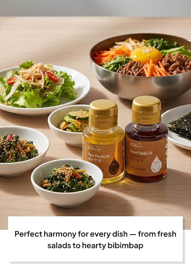 Korean Food Perilla Oil Mini Set (2 × 1.69 fl oz / 50 ml), Raw & Nutty Cold-Pressed Perilla Oils from 100% Korean Perilla Seeds, 냉온압착 들기름