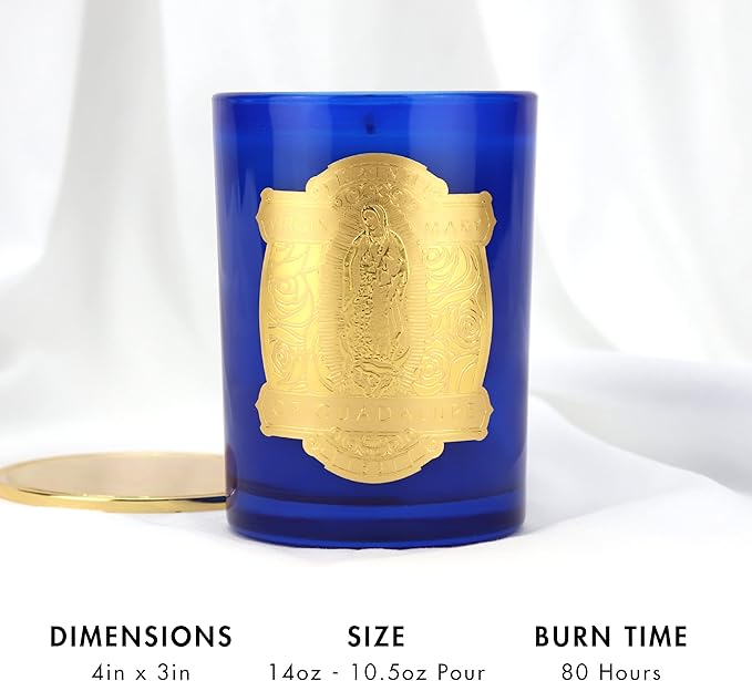 SAINT Virgin Mary of Guadalupe Scented Candle with Prayer and Prayer Coin, Soy Coconut Aromatherapy Candle with 80 Hour Burn Time, Special Edition, Blue