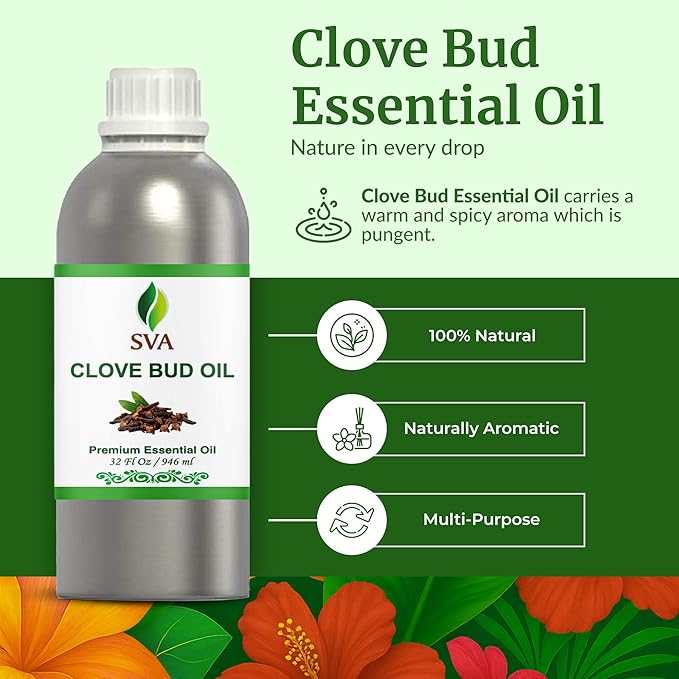 SVA Clove Bud Essential Oil – 32 Fl Oz – 100% Natural Clove Bud Oil - for Diffuser, Hair Care, Face, Skin Care, Aromatherapy, Scalp and Body Massage, Soap and Candle Making