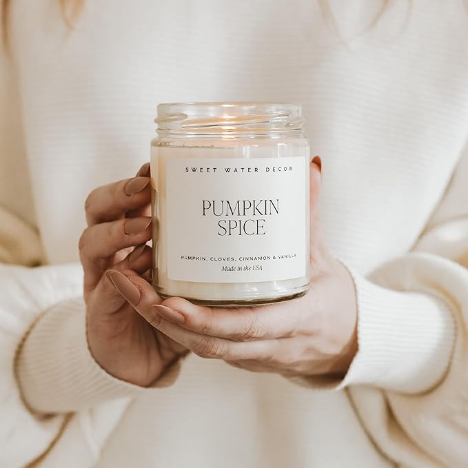 Sweet Water Decor Pumpkin Spice Candle - Fall Candles with Pumpkin, Clover, Cinnamon & Vanilla Scent for Home - Autumn Candle with 40 Hours Burn Time - 9Oz Gold Lid Clear Jar Pumpkin Soy Candles