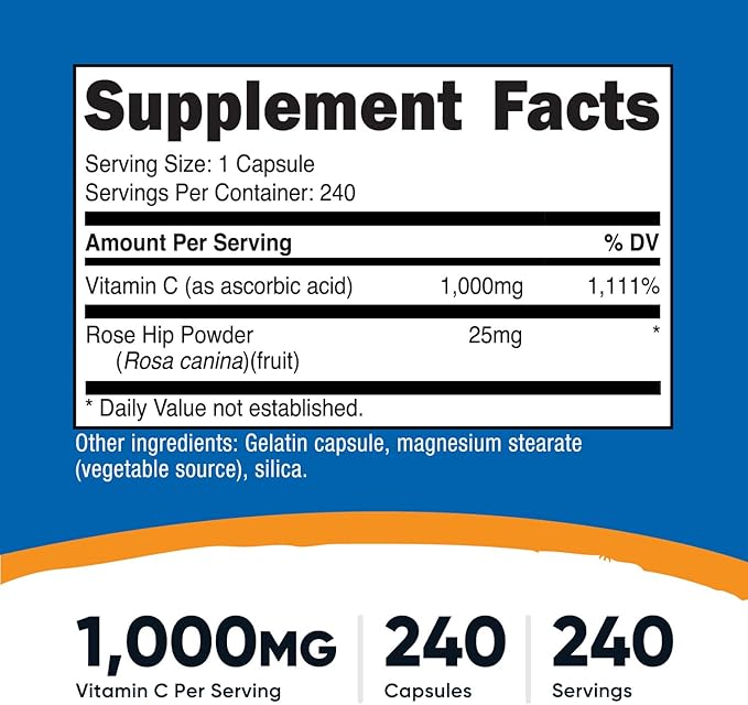 Nutricost Vitamin C with Rose HIPS 1025mg, 240 Capsules - Vitamin C 1,000mg, Rose HIPS 25mg, Premium, Non-GMO, Gluten Free Supplement