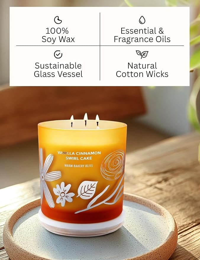 Vanilla Cinnamon Swirl Cake 3-Wick Soy Scented Candle, 14.5 oz Large | Cinnamon Roll & Vanilla Candle | Aromatherapy Gourmand Candle for Home | Winter Home Decor & Housewarming Gift