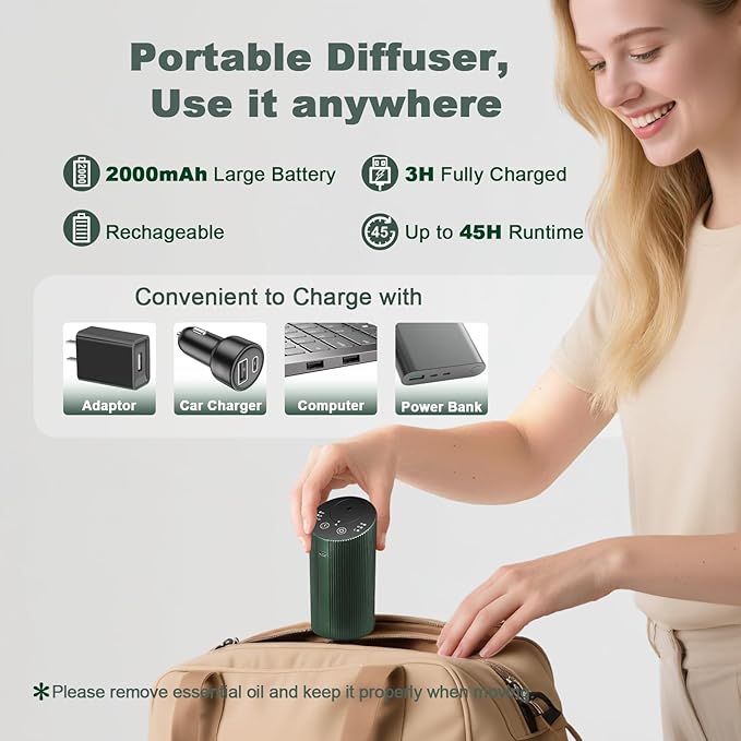 Waterless Essential Oil Diffuser with 4 Timer (1/3/6H & Off) & 3 Mist(L/M/H), Air Scent Diffuser for Home Car Office, Rechargeable Aromatherapy Diffuser, Portable Mini Aroma Diffuser, Dark Green