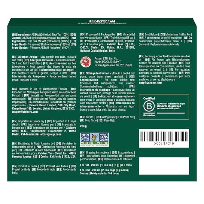 VAHDAM, Assam Exotic Black Tea Bags (100 Count) High Caffeine, Gluten Free, Full Bodied | Pyramid Tea Bags | Strong, Robust & Flavoury | Direct from Source