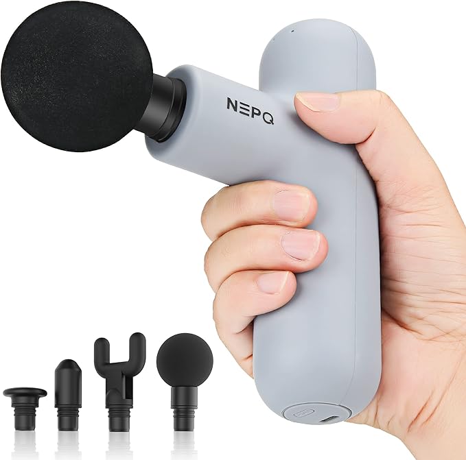 Mini Massage Gun, SK6 Fascial Gun Portable Deep Tissue Percussion Muscle Back Head Massager for Pain Relief with 4 Massage Heads 4 Speed High-Intensity Vibration Rechargeable (Gray)