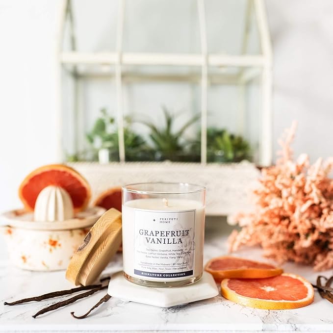 PERIPETI Home Grapefruit + Vanilla Soy Candle - Long-Lasting Scented Candle with Classic Wick for Relaxing Aromatherapy - 8.5oz Natural Wax for Home, Spa, or Gift