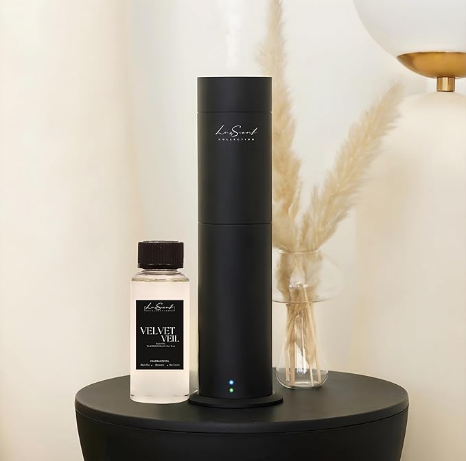 Aroma Scent Diffuser Starter Kit for Up to 1000SQ. FT. Coverage - 120ML Waterless Essential Oil Scent Included - Luxury Aroma Diffuser Ideal for Home, Office & Hotel (Black, Velvet Veil)