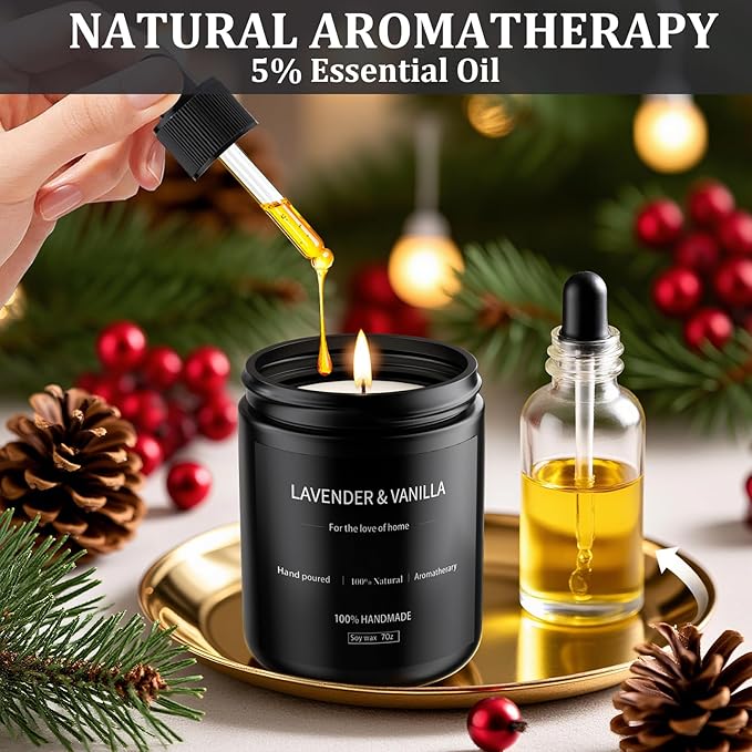 Lavender & Vanilla Candle 7oz, Scented Candles for Men&Women, Long Lasting Soy Candles for Home Scented, Black Women Mens Candle Gift for Birthday, Annivery, Christmas