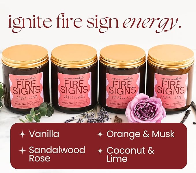Aries, Leo, Sagittarius Gifts for Women - Wood Wick Candles, 4 Pack Small Scented Candles Set for Women. 6oz Natural Soy Wax, Aromatherapy Set for Home. Zodiac Astrology Birthday Spiritual Gifts