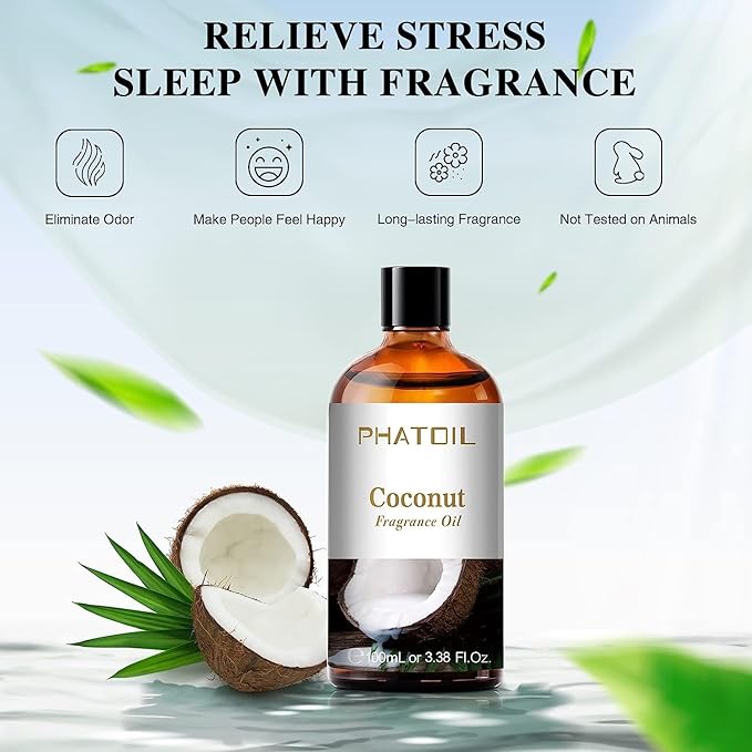 PHATOIL 3.38FL.OZ Coconut Fragrance Oils for Aromatherapy, Essential Oils for Diffusers for Home, Perfect for Diffuser, Yoga, Skin Care, DIY Candle and Soap Making - 100ml