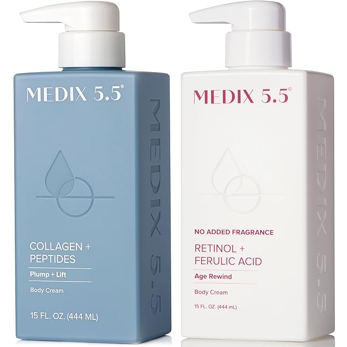 MEDIX Fragrance Free Firming Retinol Body Lotion + Collagen Peptides Cream 2pc Skincare Set | Crepey Skin Treatment | Anti Aging Body Cream & Face Moisturizer For Crepe Skin, Cellulite, & Wrinkles