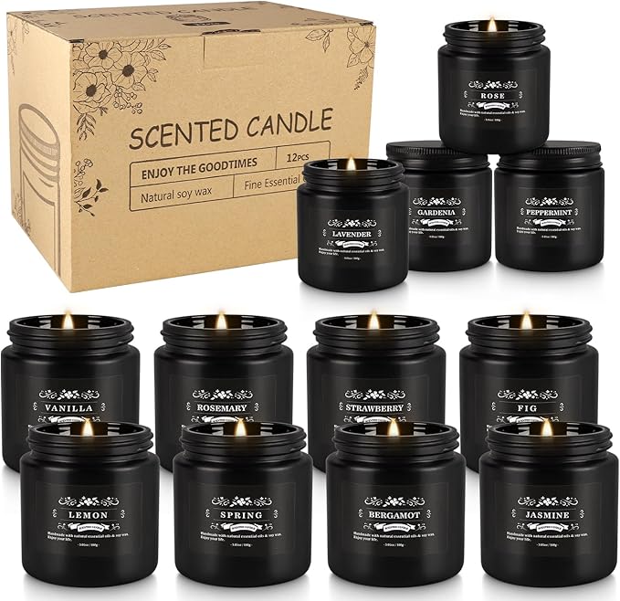 12 Pcs Halloween Scented Candles with Added Natural Essential Oils, 3.05oz, Suitable for Various Festivals, Parties, Yoga, and Home Scene(Black)