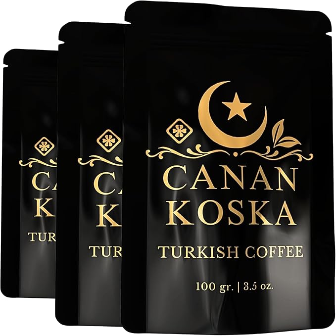 Canan Koska Turkish Coffee Medium Roast Ground Coffee 100% Arabica, Finely Ground for Rich Flavor and Smooth Texture, Ideal for Traditional Brewing in a Cezve - 3.5 Ounce (100g) - Pack Of 3