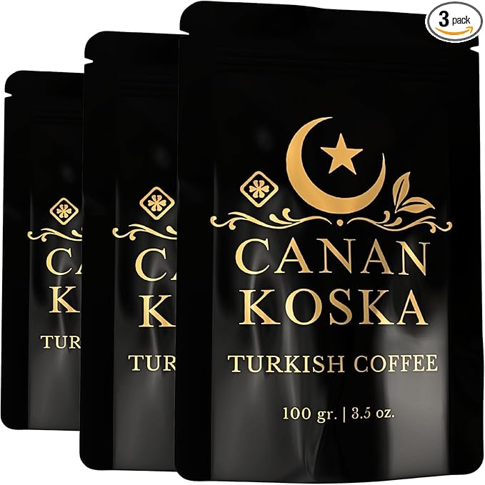 Canan Koska Turkish Coffee Medium Roast Ground Coffee 100% Arabica, Finely Ground for Rich Flavor and Smooth Texture, Ideal for Traditional Brewing in a Cezve - 3.5 Ounce (100g) - Pack Of 3