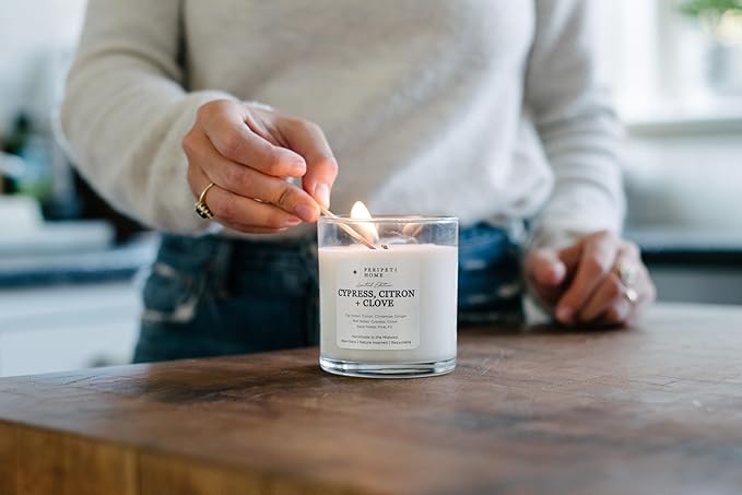PERIPETI Home Cypress, Citron + Clove Scented Candle – 8.5oz Classic Wick, Natural Soy Wax, Long-Lasting Burn for Cozy Holiday Aromatherapy