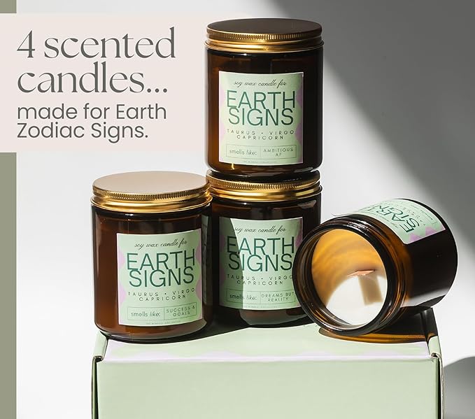 Taurus, Virgo, Capricorn Gifts for Women - Wood Wick Candles, 4 Pack Small Scented Candles Set for Women. 6oz Natural Soy Wax, Aromatherapy Set for Home. Zodiac Astrology Birthday Spiritual Gifts