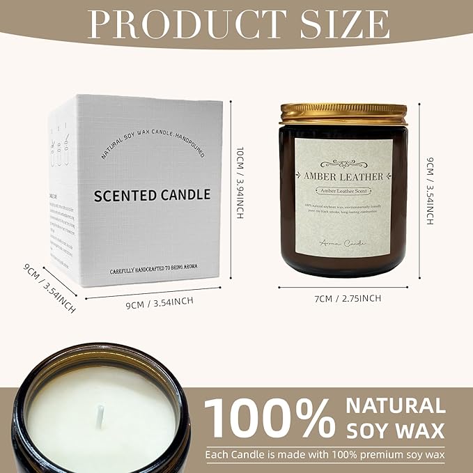 Leather Amber Candle-100% Natural Soy Wax - Natural Fragrance Technology - Non Toxic-Up to 50 Hours Burning Time - Aromatherapy Gift for Men and Women