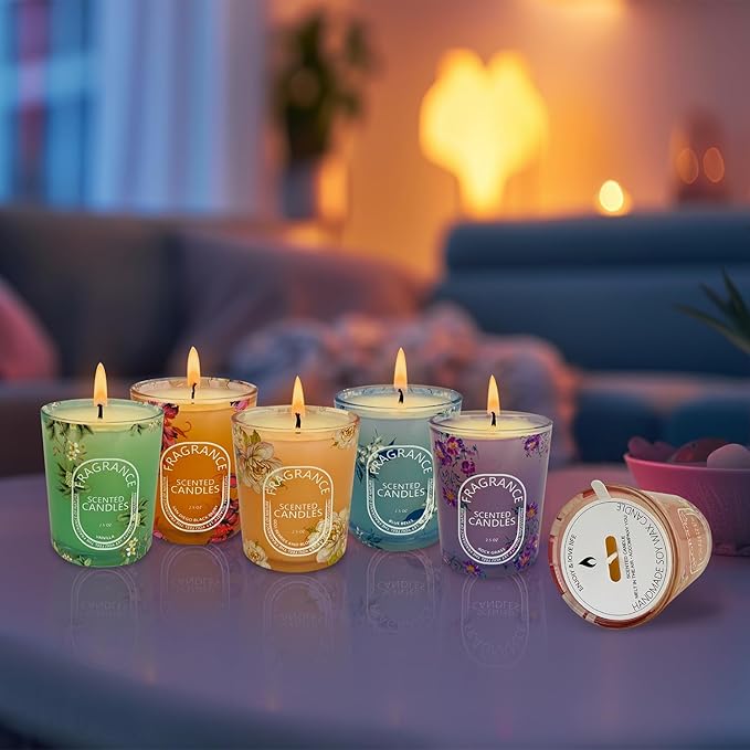 Scented Candles Gift Set of 6 Pack, 6 Scented Bluebells, Jasmine, San Diego Black Berries, Vetiver, Vanilla, Goji Berry & Blood Orange, Long Lasting Soy Wax Aromatherapy Candle Set