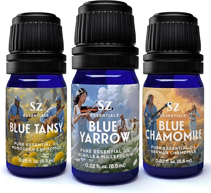 – “We Got The Blues” Essential Oils Set – Blue Tansy, Yarrow & German Chamomile – 3 x 6.5ml Bottles – 100% Pure, Natural, Undiluted – Therapeutic Grade & Vegan