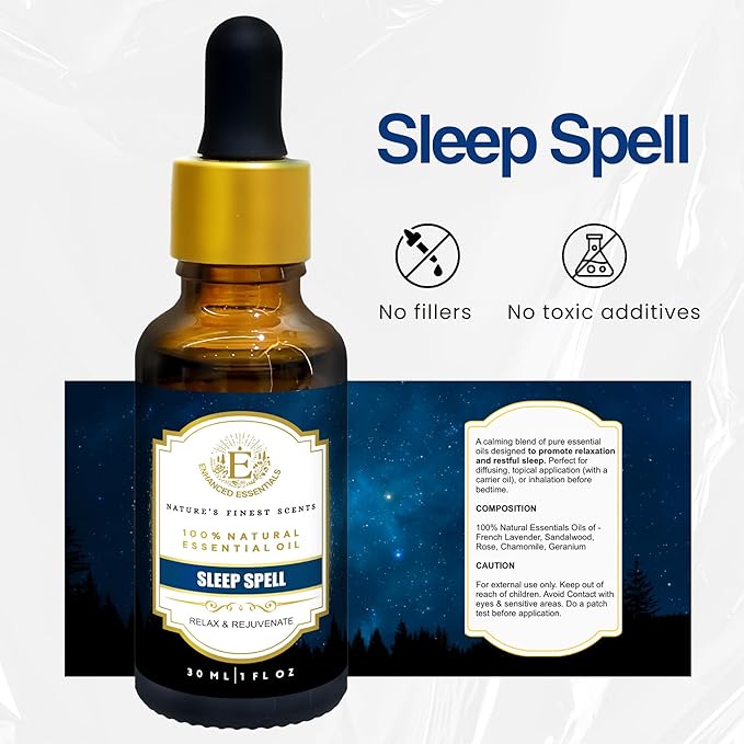 Sleep Spell Essential Oil Blend by Enhanced Essentials|Slow-Distilled French Lavender, Sandalwood, Rose Geranium & Chamomile|Promotes Deep Sleep & Calm|for Diffuser, Pillow & Bath|1 fl oz (30 ml)