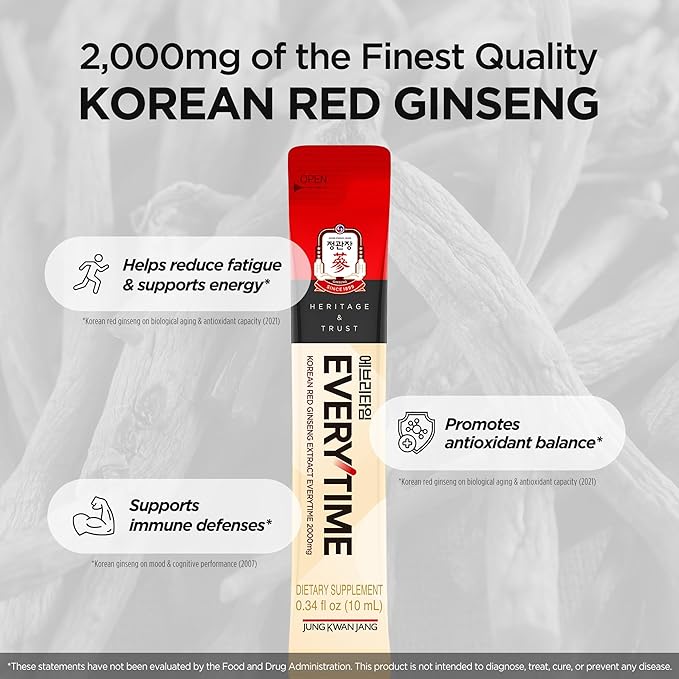 JUNG KWAN JANG Everytime Korean Red Ginseng Extract 2,000mg - Liquid Stick Supplements with Propolis & Adaptogen - Energy Boost & Immune Support, Natural & Healthy Energy Drinks (10 Sticks)
