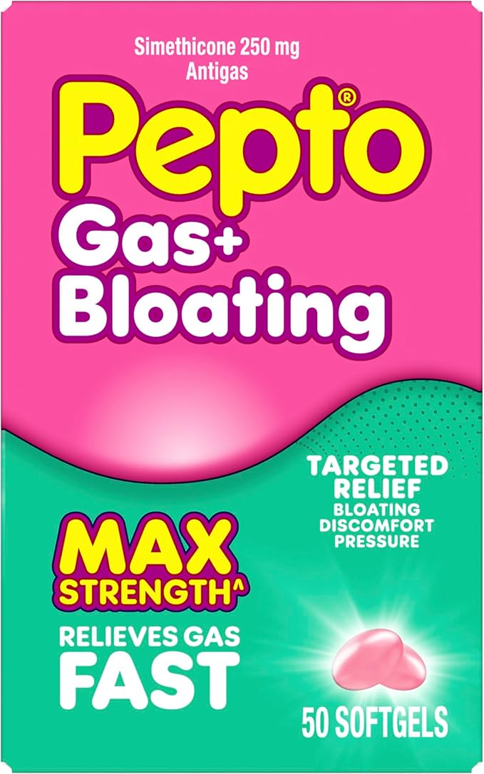 Pepto Gas + Bloating, Simethicone 250 mg Softgels, 50 Count, Gas Relief for Adults, Anti Gas and Bloating, Gas Relief Maximum Strength