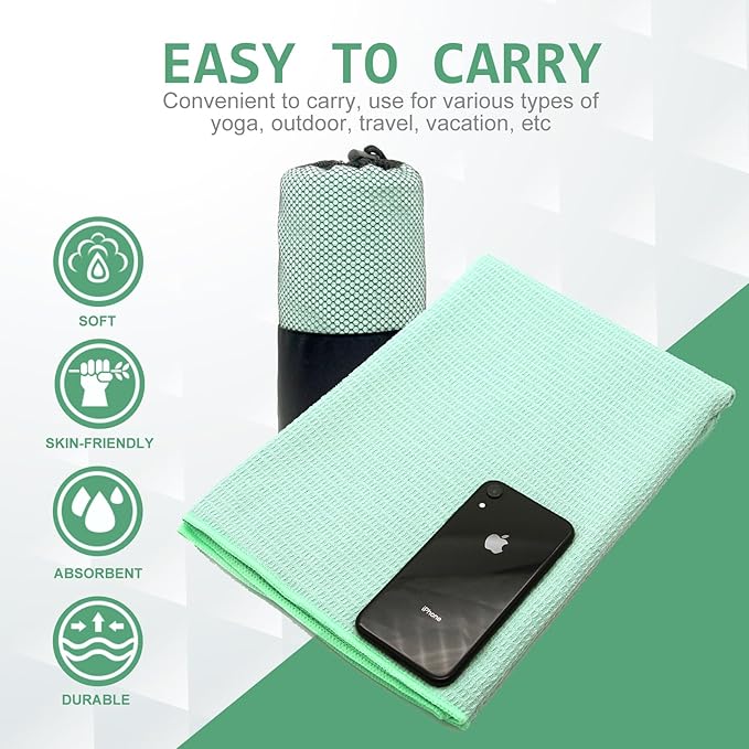 Eunzel 2 Pack Hot Yoga Towel, Non-Slip Yoga Mat Towel with Grip Dots Stickyfiber Sweat Absorbent Towel for Hot Yoga, Pilates and Workout 72" x 24", Green