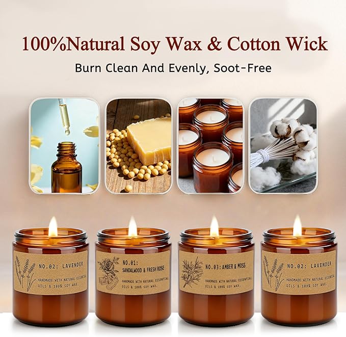 Classic 7 oz Scented Candle Gift Set, 10% Essential Oils Soy Wax Candles in Vintage Amber Jars, Aromatherapy 4-Pack – Sandalwood Rose, Lavender – Luxury Holiday Gifts for Women, Organic Soy Wax