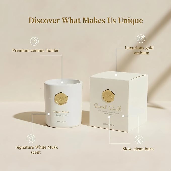 Scented Luxury Candles -Whitemusk-Aromatherapy Jar Candles for Relaxation & Sleep -7 oz- 45 Hours Clean Burn-Hand-Cast -100% Natural Soy Wax-Valentine’s Day Gift