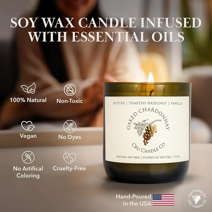 Cru Wine Scented Candles - Oaked Chardonnay Scent - Clean Burning, Non Toxic Candle, Luxury Decor Soy Candles for Home Scented, Relaxing Gifts for Women, Aesthetic Soy Candle for Men, Made in USA