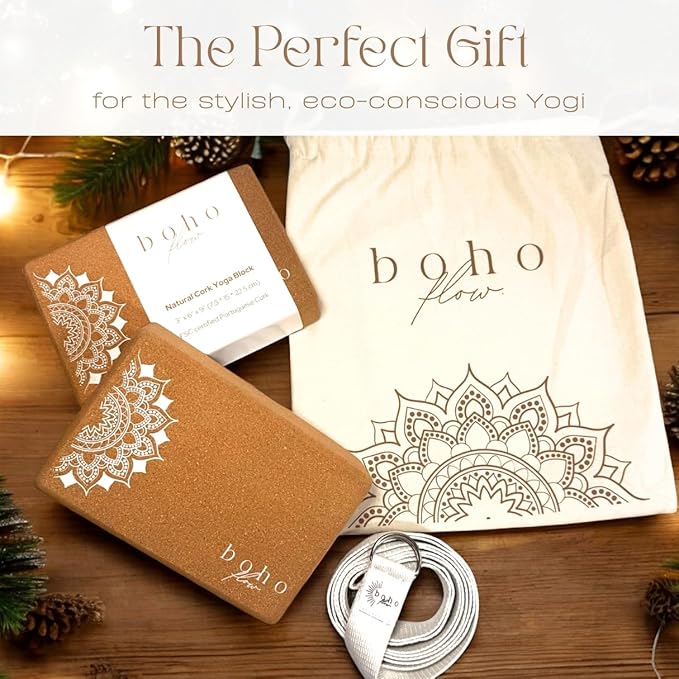Boho Flow Cork Yoga Block 2 Pack with Strap & Bag | Premium Eco-Friendly Cork Bricks 9”x6”x3” | Heavy-Duty, Non-Slip & Durable Yoga Props | Plastic-Free, EVA-Free, Non-Toxic