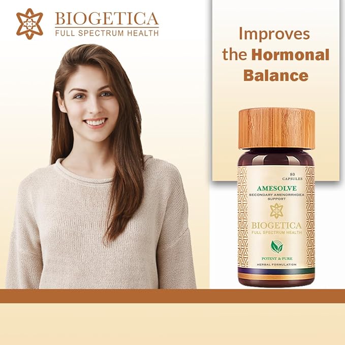 Biogetica Amesolve Herbal Support for Secondary Amenorrhoea with Punarava and Asparagus Racemose - Helps Regulates The Menstrual Cycle - Non-GMO - 100% Vegan Ayurveda Supplement - 80 Capsules