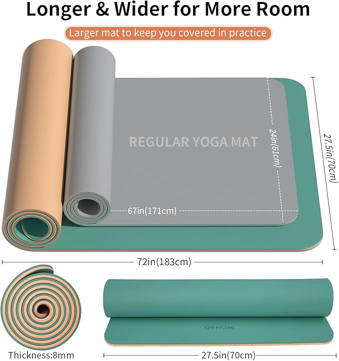 WOHAO Extra Thick 8mm Yoga Mat, 72"x28" Non Slip Exercise Mat, Reversible 2-Sided Dual Color Premium POE Material, with Carrying Strap for Yoga, Pilates, Home Gym