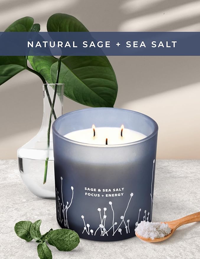White Sage Sea Salt 3 Wick Candle - Large Soy Scented Candle 14.5 oz - Sage Candle for Cleansing House - Aromatherapy Energy Cleansing Candle for Home, Stress Relief, Women & Men