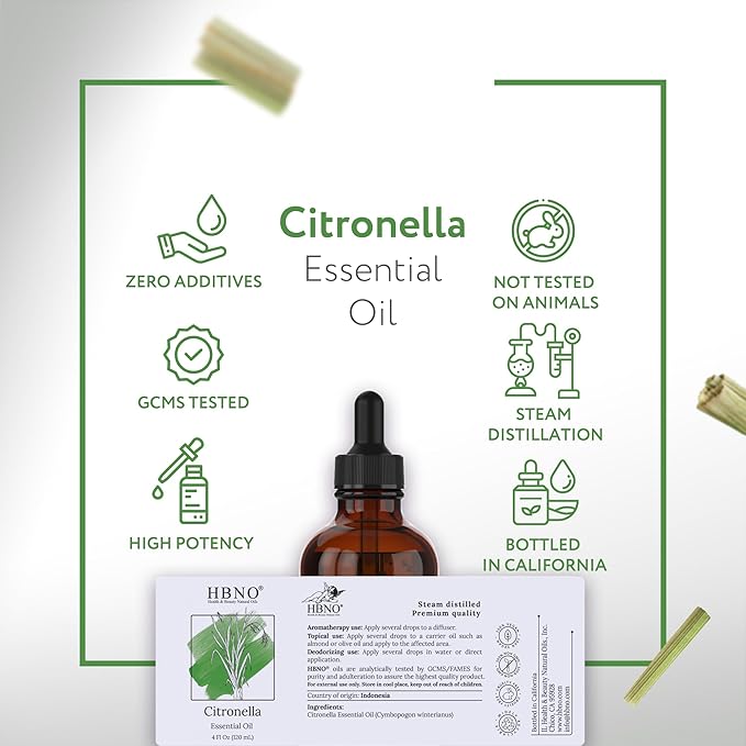 HBNO California Bottled Citronella Essential Oil 4 fl oz (120ml) - Natural Citronella Oil - Perfect for Cleaning, Aromatherapy, DIY, Soap & Diffuser -